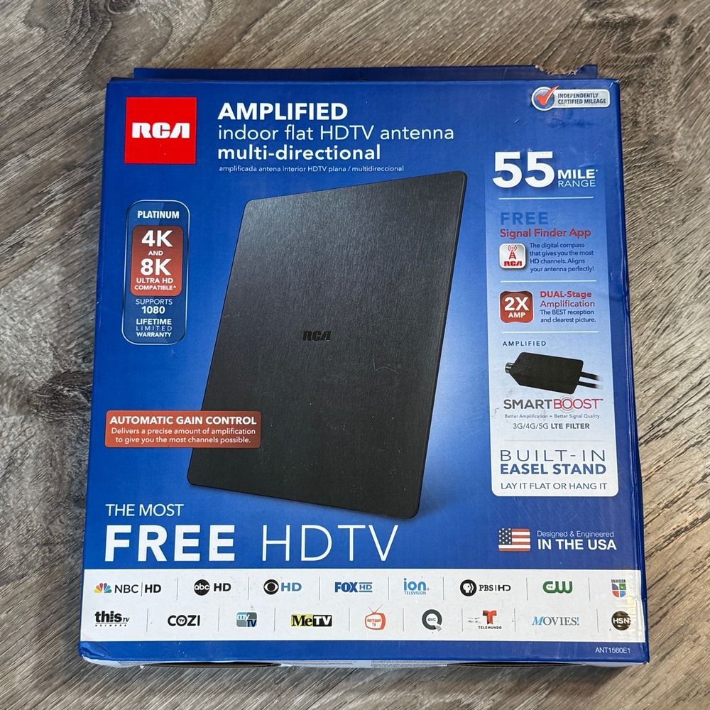NEW RCA Amplified Indoor Flat HDTV Antenna 55 Mile Range 4K SmartBoost ANT1560E1